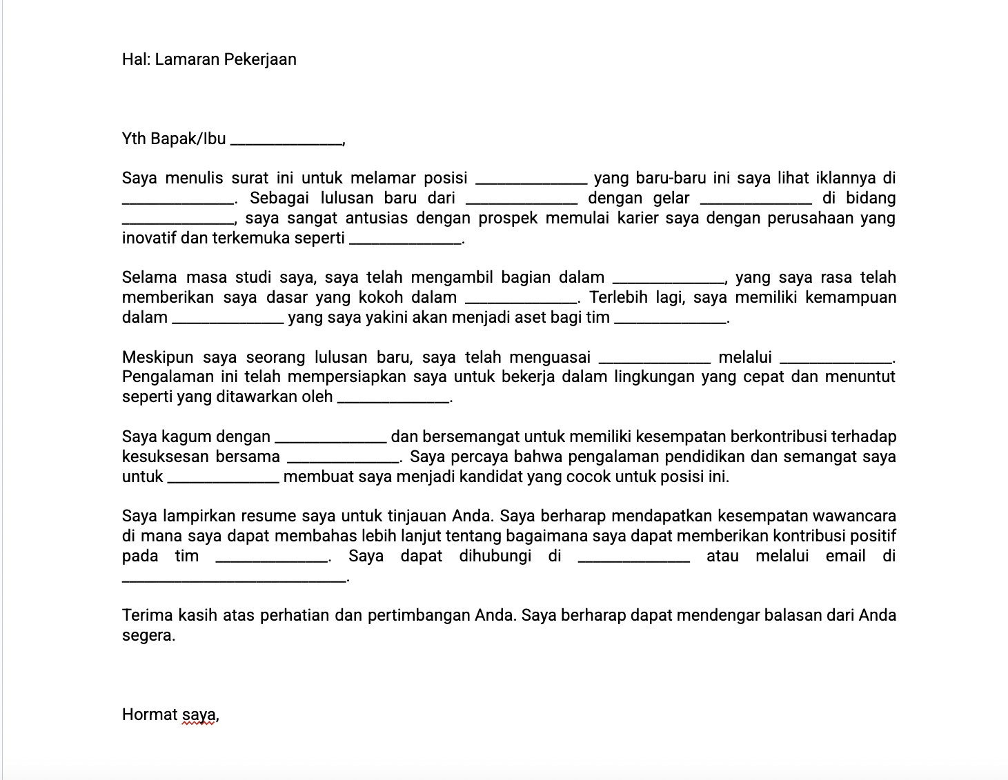 Surat Lamaran Kerja Fresh Graduate